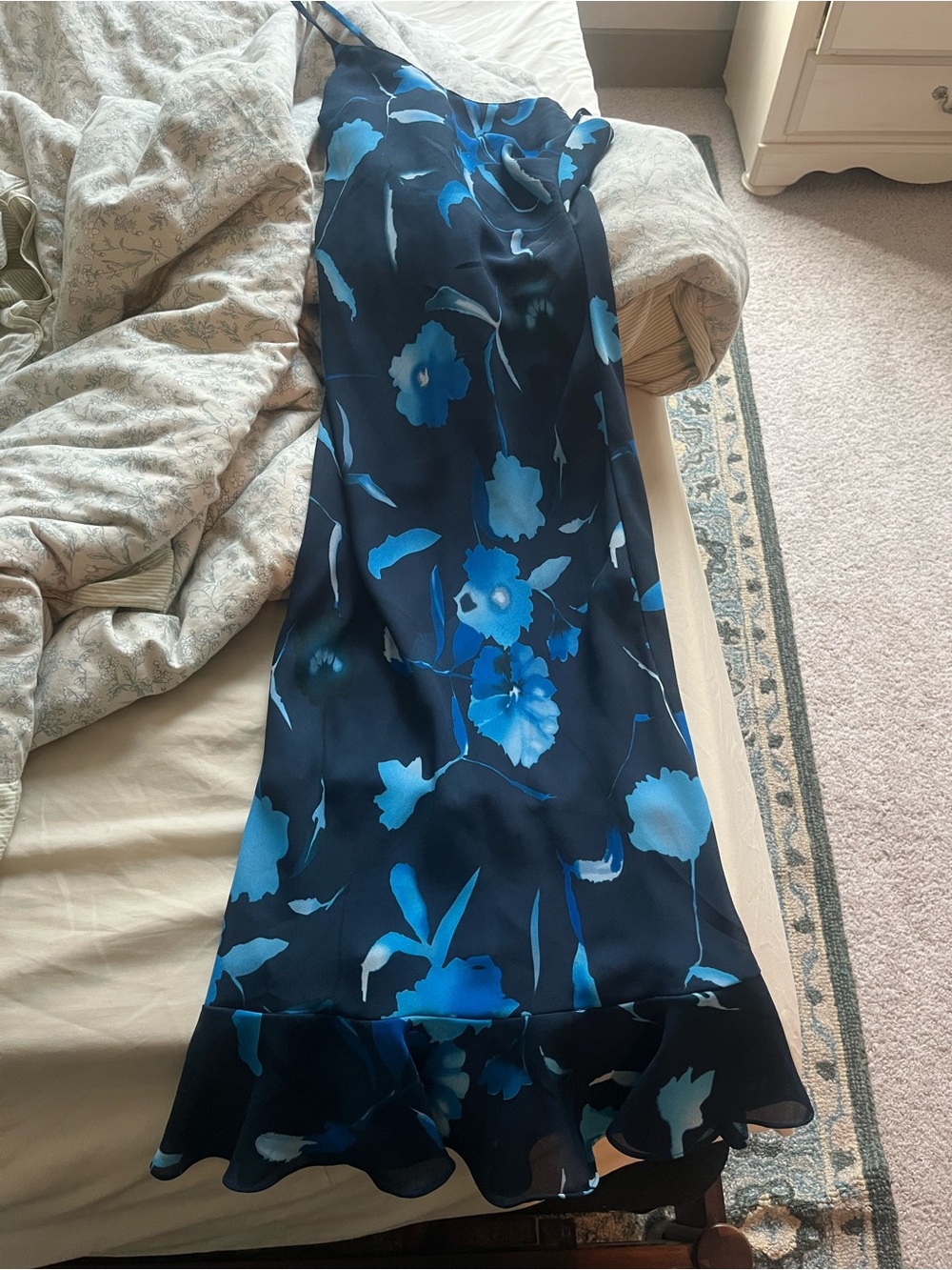 Blue Floral Midi Slip Dress- Women's Elegant Ruffle Hem